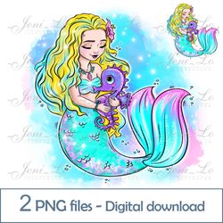 Cute little mermaid and seahorse 2 PNG files Princess sea Clipart kids Sublimation Magic design Digital Download