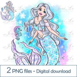 Snow Princess Mermaid 2 PNG files sea Princess Clipart Sublimation Magic design gift for princess Digital Download