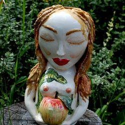 Lady head vase Adam and Eve Snake Apple Vase bust Collectible Figurine Face vase Handmade Porcelain sculpture Naked girl
