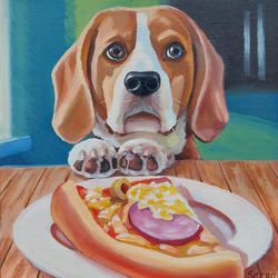 May I Have A Bite Dog With Pizza Art Oil Canvas
