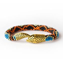 Snake bracelet for women , Black beaded bracelet, Ouroboros jewelry, Braided serpent bracelet