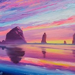 dawn over the pacific ocean original oil art on cardboard