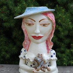 Lady head vase Ceramic sculpture Vase bust Lady with dog Yorkshire Terrier Porcelain woman Statuette Face vase Lady hat