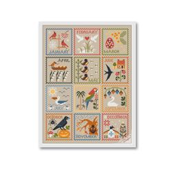 Bird Calendar Cross Stitch Pattern Modern Folk Embroidery