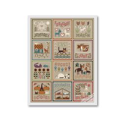 Cat Calendar Cross Stitch Pattern Modern Folk Embroidery