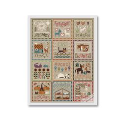 cat calendar cross stitch pattern modern folk embroidery