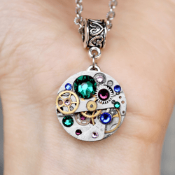 Handmade Unique Steampunk Necklace from vintage USSR watch movement with Swarovski