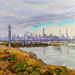 New York painting oil Original Art 12 by 12 in Kennedy Bridge artwork NYC Skyline art New York wall art canvas painting