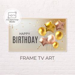 Samsung Frame TV Art | 4k Happy Birthday Art for Frame Tv | Digital Art Frame Tv | Pink and Gold Balloons Lettering