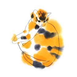 Calico Cat Painting Cat Original Watercolor Cat Lover Gift Animal Art 9x12 by Sonnegold