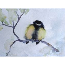 Chickadee Painting Bird Original Watercolor Animal Artwork Small Art 5x7 by Sonnegold