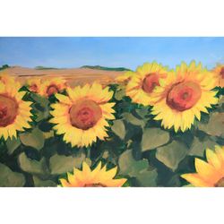 Sunflower Painting Flower Fields Original Acrylic Art Landscape Artwork by Sonnegold