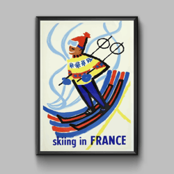 Skiing in France vintage travel poster, digital download