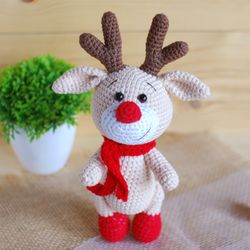 Crochet toy deer is stuffed animal. Handmade toy Christmas reindeer.