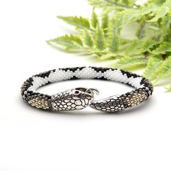 Beaded snake bracelet, White gray bracelet unisex, Handmade jewelry, Ouroboros, Seed bead bracelet