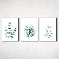 Set of 3 Prints, Green Leaves, Watercolor Paintings, Prints Monstera, Modern Botany Pictures, Green Leaves Watercolor