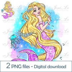 Mermaid Princess Long hair 2 PNG files sea Princess Clipart Sublimation Magic design gift for princess Digital Download