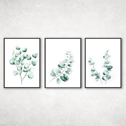 Set of 3 Botanical Print set, botanical wall art, Greenery branches and leaves, Leaves Watercolor, Botany art