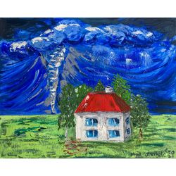 Tornado Painting Hurricane Original Art House Texas Wall Art Impasto Painting House in the Field Canvas 16by20" Above So