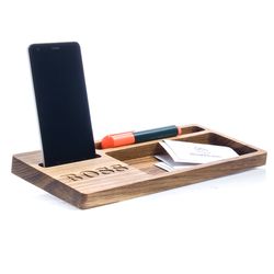 Desk organizer Wood catchall tray Key, pencil, cell phone, tablet holder Desk accessories for men iPad & iPhone stand