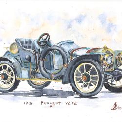 Car Painting Original Art Peugeot Classic Car Watercolor 8" by 12"  by ArtMadeIra