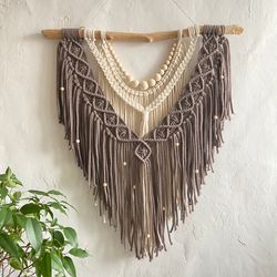 Brown Macrame wall hanging with the wooden beads, diy macrame pattern, macrame pattern pdf tutorial, macrame wall art