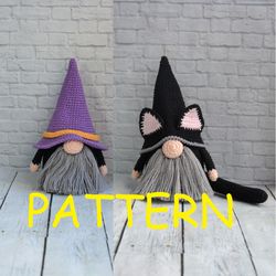 Halloween gnome crochet pattern PDF Witch gnome Black cat gnome