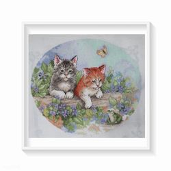 Kitten Wall Art Decor, Finished Cross Stitch, Cat Embroidery Art Print, Animal Wall Art, Original Gifts, Handmade Art