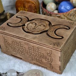 Box with Secret lock. Wooden Viking box with Celtic triple moon. Hidden lock box.