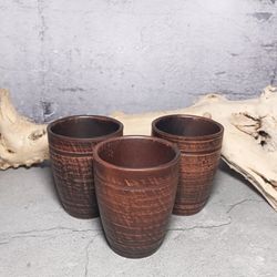 Pottery wine mugs Set of mug 3pcs Handmade red clay Mygs with a carved pattern