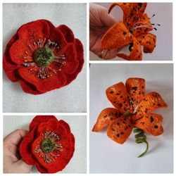DIGITAL Tutorial brooches poppy and lily, tutorial felted flowers brooch