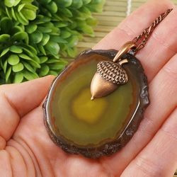 Green Agate Slice Necklace Olive Agate Slab Pendant Necklace Copper Acorn Pendant Necklace Forest Woodland Jewelry 7486