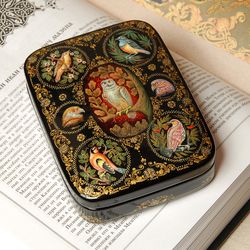 Lacquer jewelry box with birds wildlife painting art