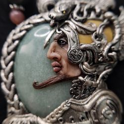 Aztec Warrior Necklace, Warrior Cameo, Aventurine Necklace, Silver Art Necklace