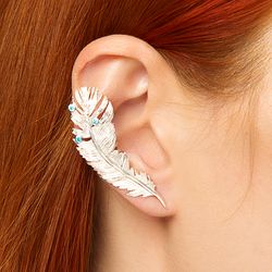 feather ear cuff no piercing, silver ear cuff cartilage, earring fearther