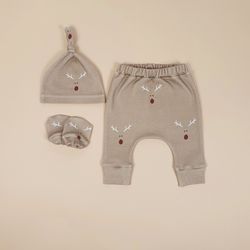 Christmas baby outfit set of 3: pants, knot hat and mittens, Christmas baby boy outfit, Christmas baby girl outfit