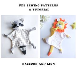 Set of 2 sewing patterns Raccoon Lovey and Lion Lovey, Baby comforter pattern