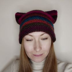 Cat ears beanie crochet Striped beanie with cat ears
