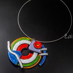 Kandinsky Asymmetrical statement necklace polymer bib necklace