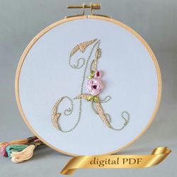 Floral alphabet letter A pdf hand embroidery beginner Flower monogram ribbon embroidery