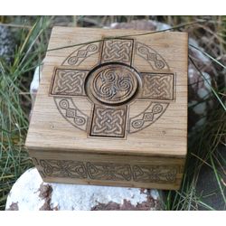 Viking wooden box with celtic cross and celtic ornament. Box with Secret lock. Hidden lock box.