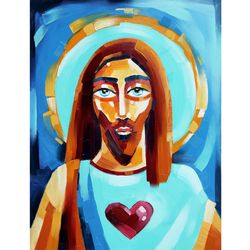Jesus Painting Catholic Original Art  Spiritual Artwork Christian Wall Art Oil Panel 14 by 11 inch