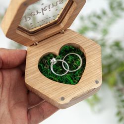 Hexagon Engagement wedding ring box for ceremony. Custom personalized engraving on plexiglass double ring bearer box