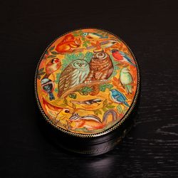 Gold lacquer box with birds wildlife unusual interior art gift