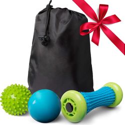 foot roller and massage ball set with handheld massager tools carry bag