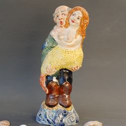 Mermaid figurine Couple in love Fisherman figurine Nude Woman Original Sculpture Funny Ceramic Figurine Marine sculpture