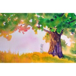 Oak Tree Painting Fantasy Forest Original Watercolor Rabbit Painting Nursery Artwork Woodland Animals Art