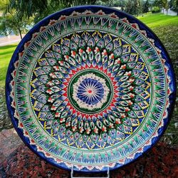 Clay large plate diameter 16.33 inches Handmade pottery bowl Bright colour pattern