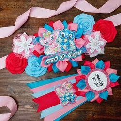 Lilo and Stitch Gender reveal Stich and Angel baby shower Maternity sash blue Flower belt pink Boy or girl Gift Mommy