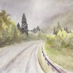road original watercolour painting forest mountains landscape wall art